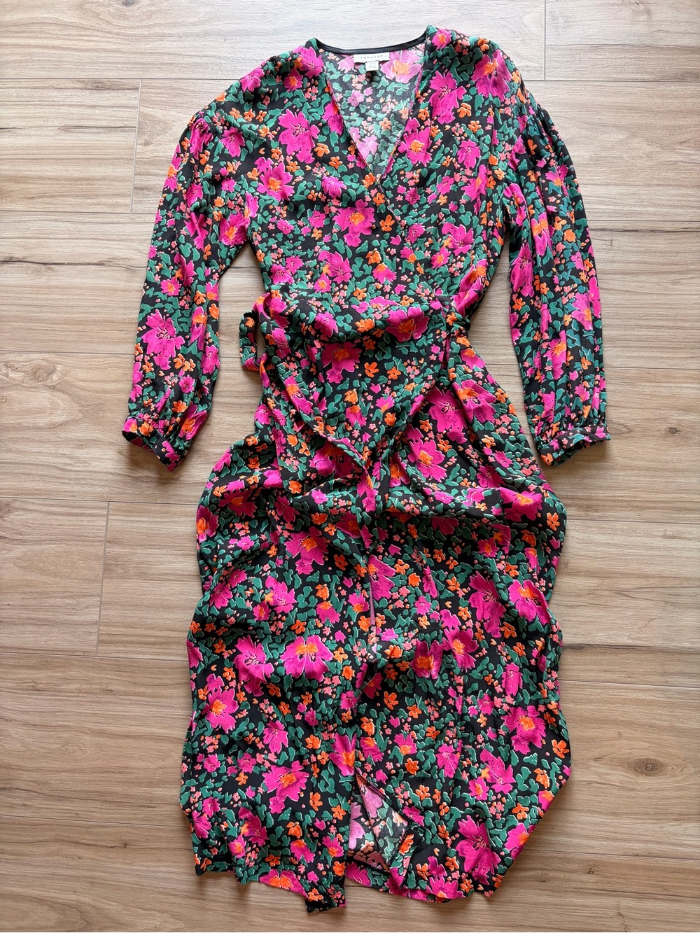 Topshop Floral Wrap Midi Dress Pink Green Long Sleeve Tie Waist US 2 Boho